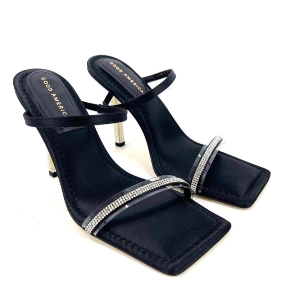 GOOD AMERICAN Open Square Toe Rhinestone Strappy Heels Black Satin Size 5.5 NIB‎ - Picture 6 of 10